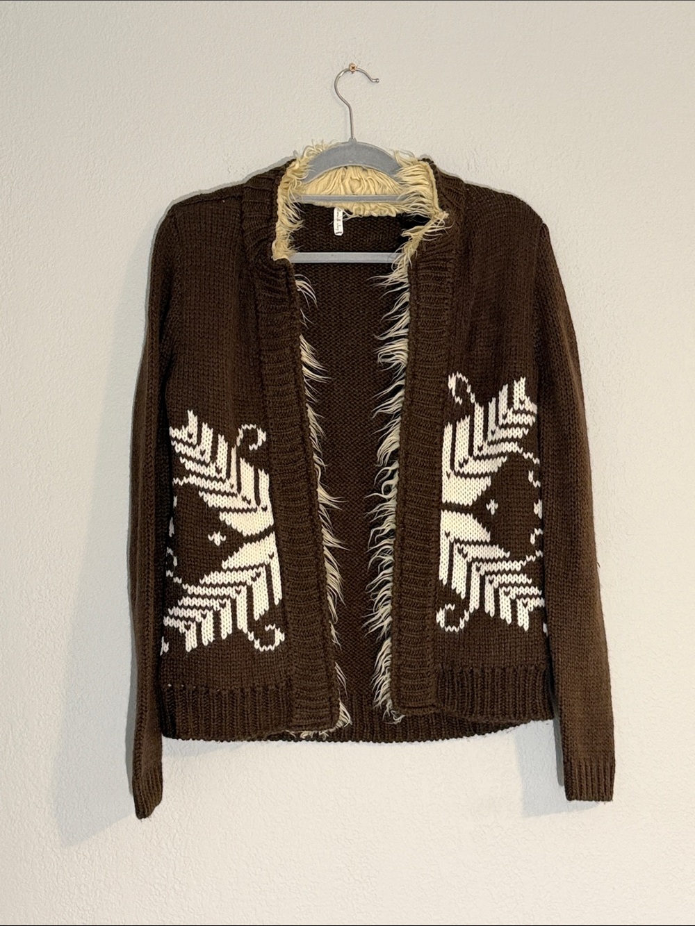 Willow & Clay Brown Open Front Sweater Cardigan w/ Faux Fur Trim in Small - Picture 2 of 5